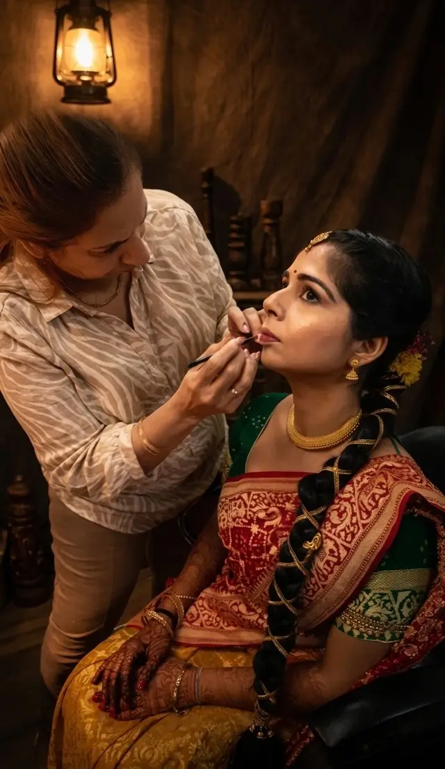 Anita Raheja applying bridal makeup by lantern light at Shadows Beauty Parlour, Khar West, Mumbai