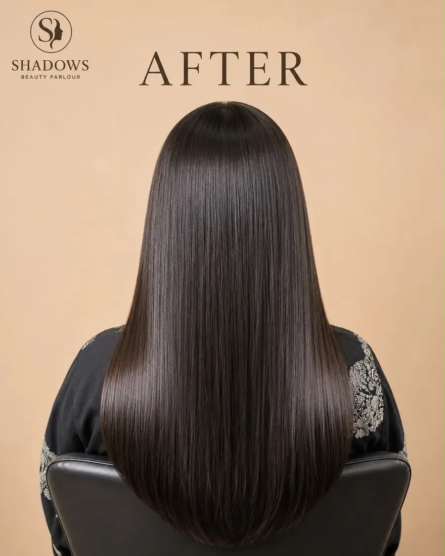 Smooth, glossy hair after a keratin treatment at Shadows Beauty Parlour