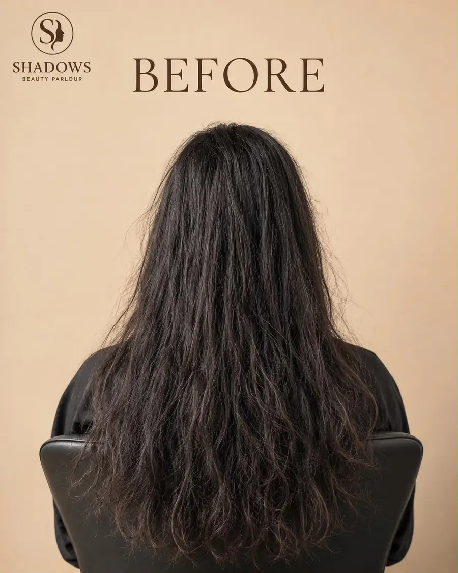Frizzy, dry hair before a keratin treatment at Shadows Beauty Parlour